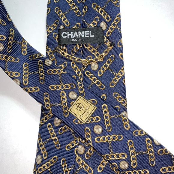 authentic CHANEL silk twill NECKTIE pearl + chains - Picture 5 of 5